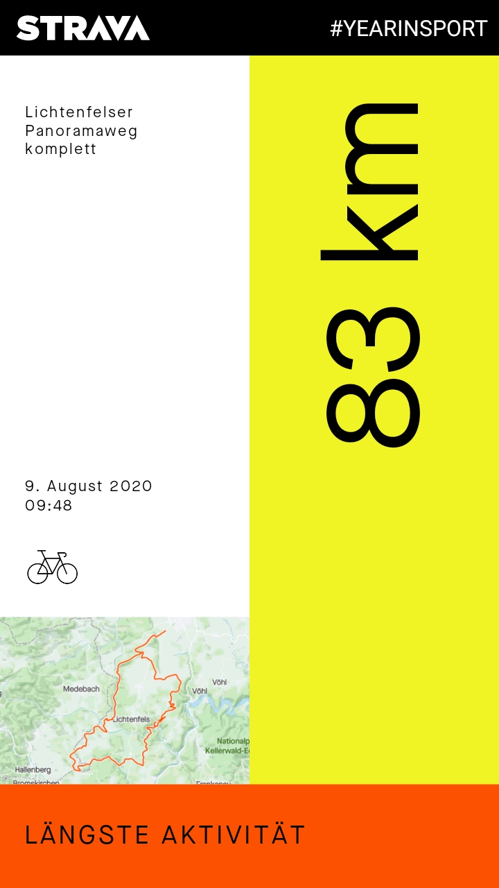 STRAVA #YEARINSPORT 2020: Längste Aktivität: Lichtenfelser Panoramaweg komplett (MTB), 83 km, 09. August