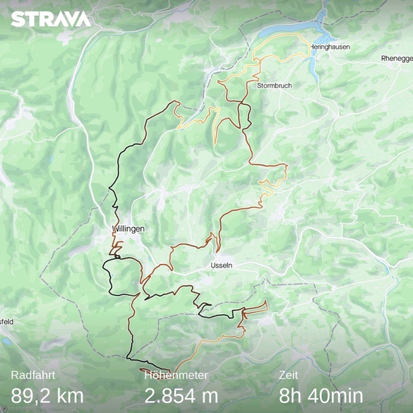 Karte mit der gefahrenen Strecke; 89,2 km Mountainbike-Fahrt mit 2.854 Höhenmetern in 8h 40min