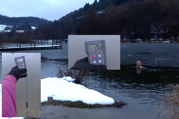 René Knipschild beim Eisbaden in einem 2 °C kaltem Teich; Klicken zum Vergrößern